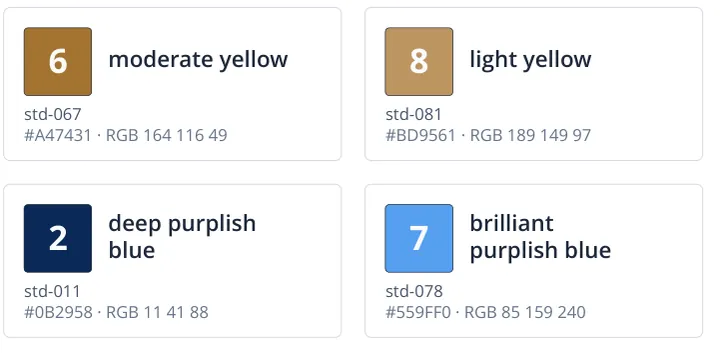 Part of a colour list: each number with its paint name, code and colour values.